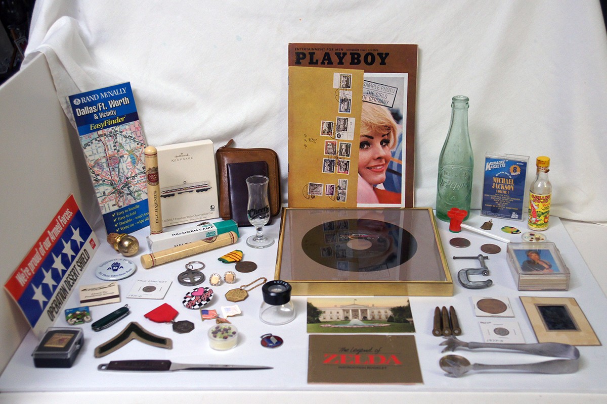 Vintage Grandpas Mens Junk Drawer Lot Coins Gemstones Vinyl Record, Playboy, etc