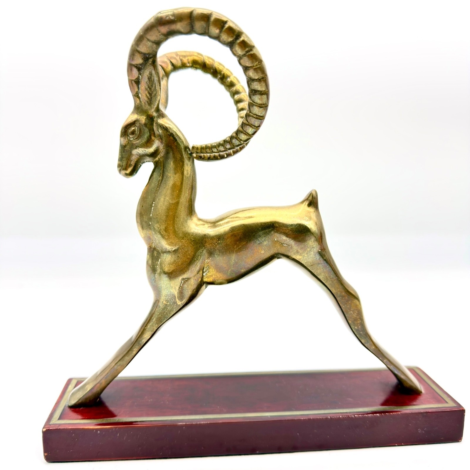 Vintage Brass Ibex Figurine Statue Wood Base Mid Century Modern Korea 9\