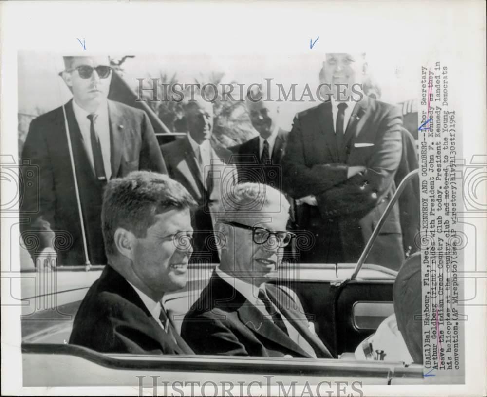 1961 Press Photo President Kennedy and Arthur Goldberg leave country club in FL