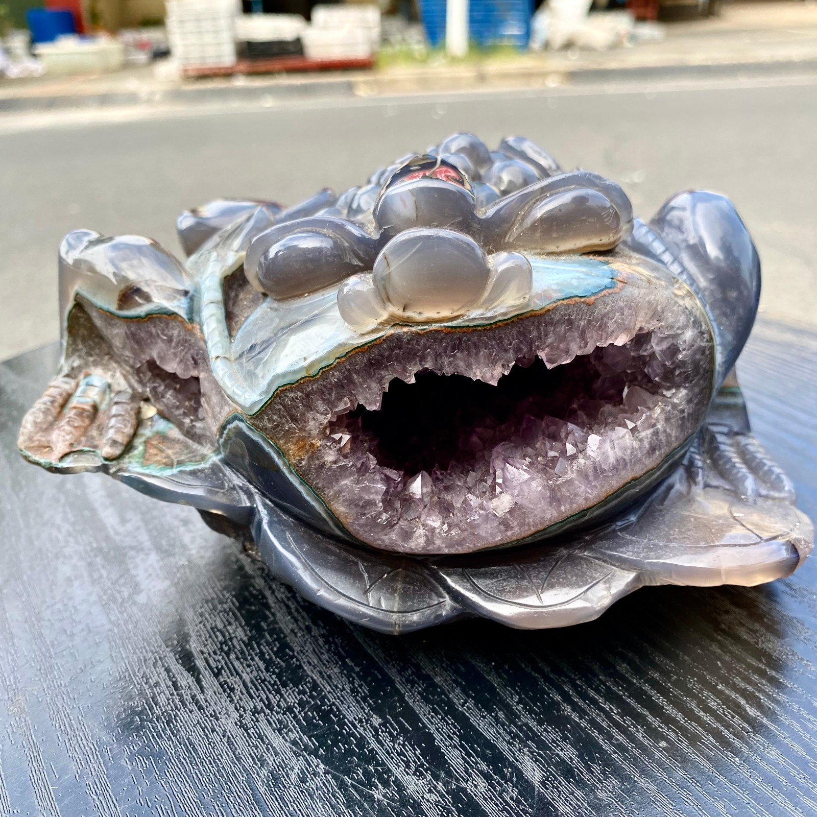 5.9LB Natural Amethyst agate geode quartz crystal Hand carved Golden Toad 5.9LB Natural Amethyst agate geode quartz crystal Hand carved Golden Toad
