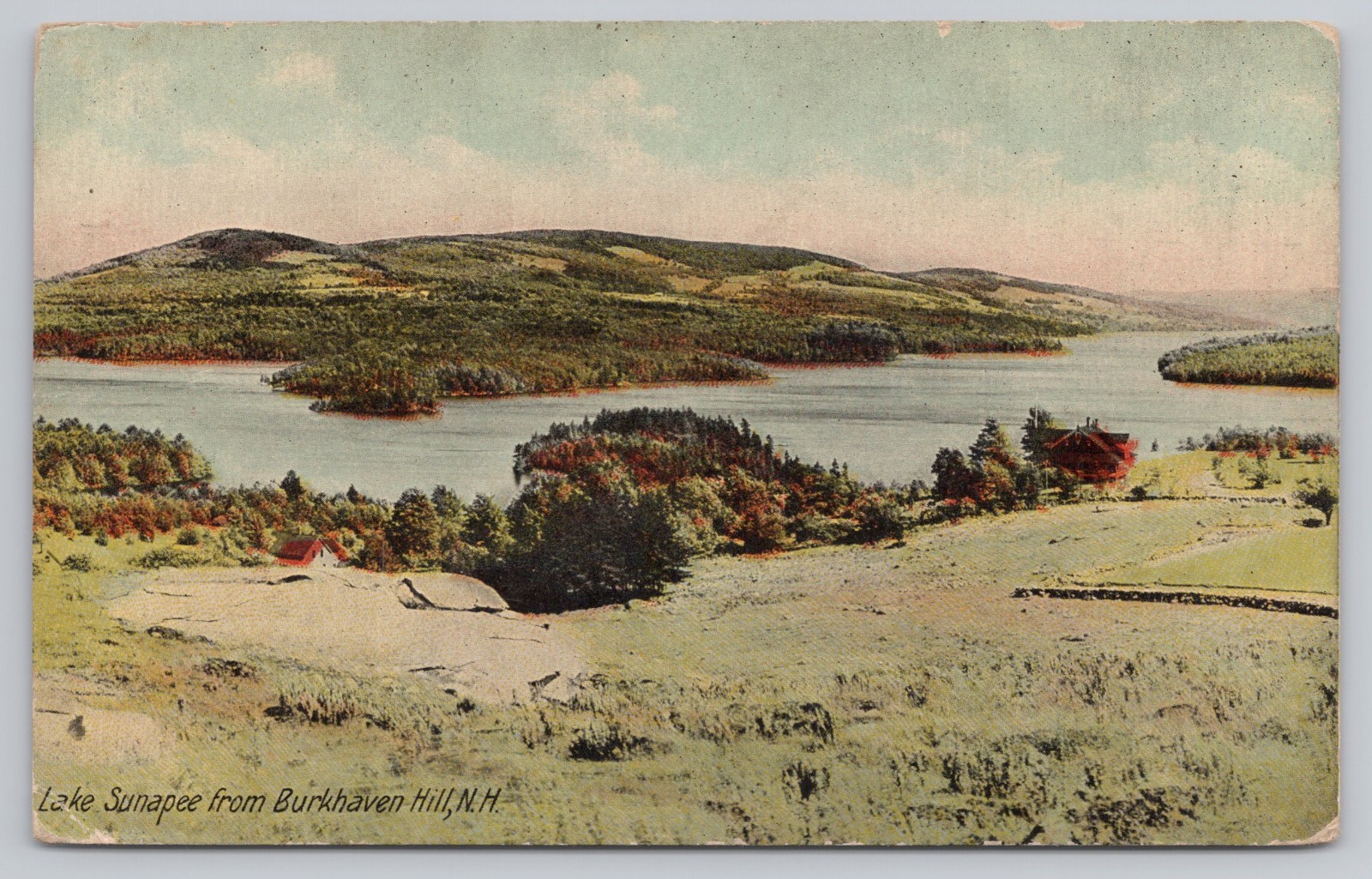 Vintage Postcard Lake Sunapee from Burkhaven Hill, New Hampshire NH 1920 houses