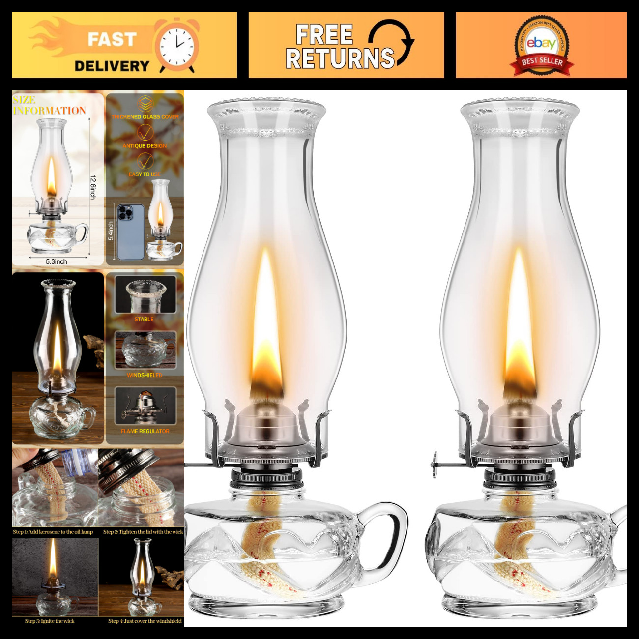 2 Pcs Vintage Kerosene Lanterns - Decorative Hurricane Oil Lamps, Adjustable Wic