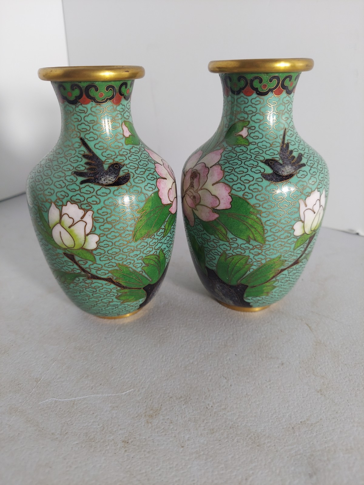 2 Chinese Cloisonne Vases Blue/Green Patterns  Color Flowers Birds Asian Vase