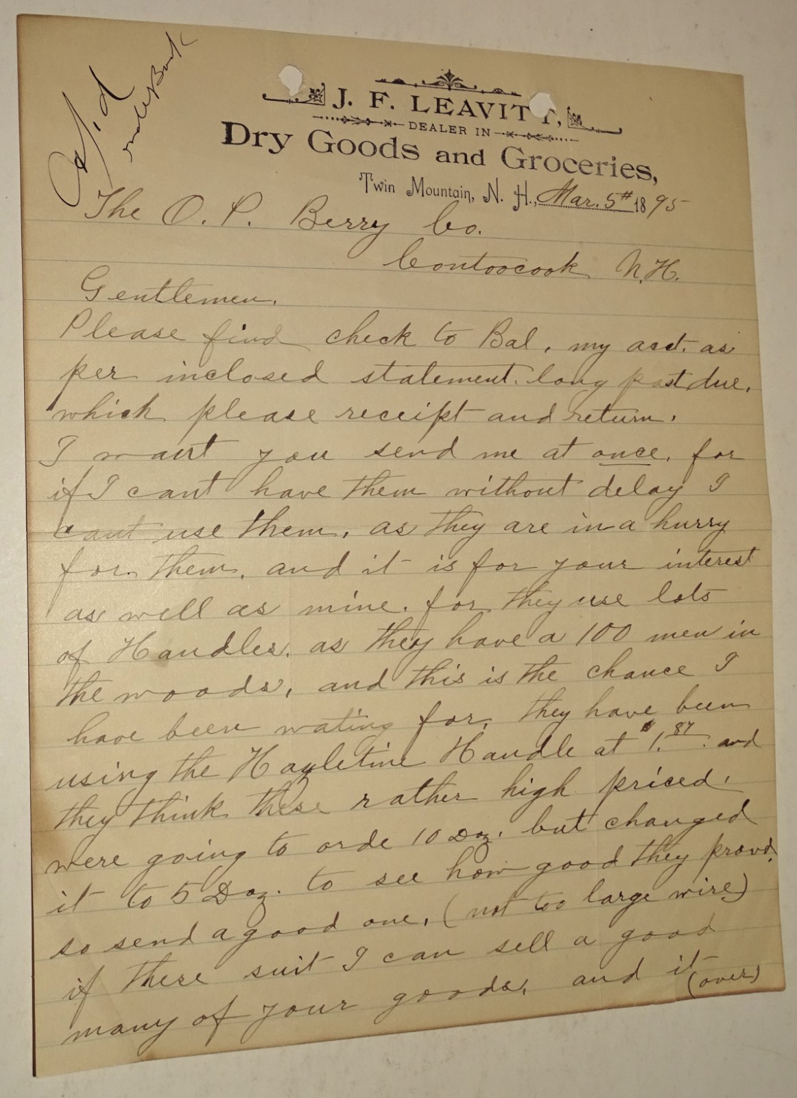 1895 J F Leavitt Letter Twin Mountain NH Logging Lumbermans Handles Ephemera 1895 J F Leavitt Letter Twin Mountain NH Logging Lumbermans Handles Ephemera