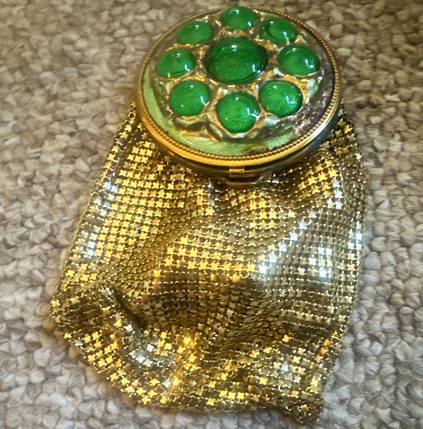  1920 Gold Tone coin purse  Mirror w/ Green Cabochon Stones & Metal Mesh