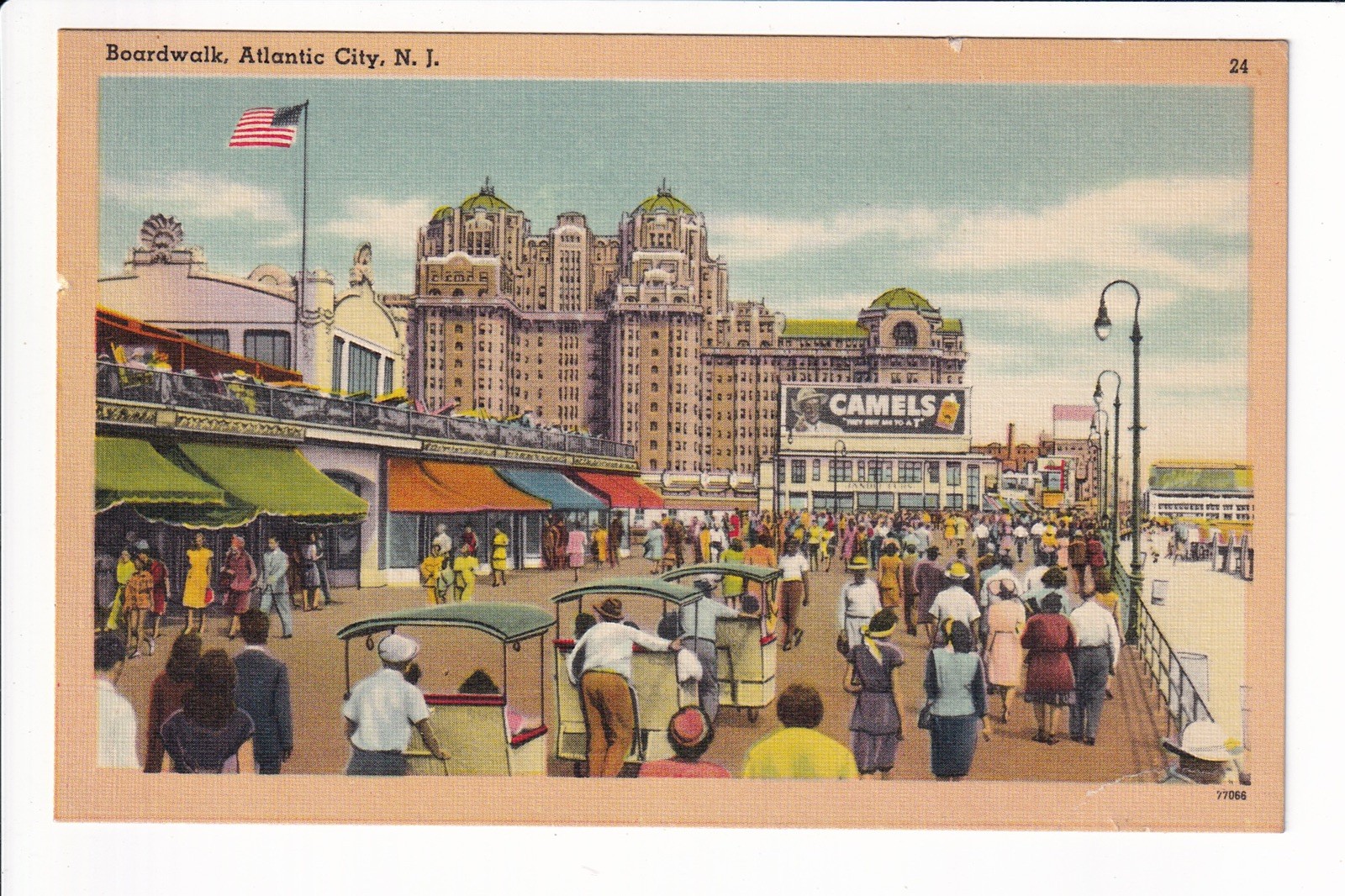 Linen Postcard Boardwalk Scene Hotels Signs Atlantic City New Jersey NJ Unposted