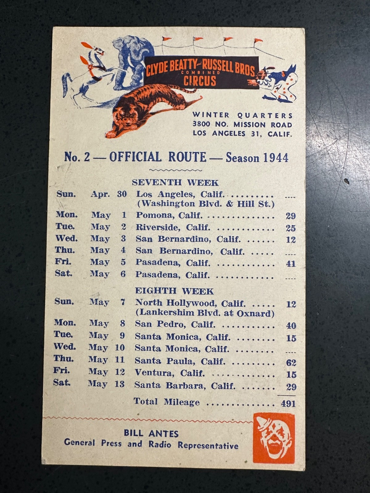 1944 Clyde Beatty & Russell Bros. Circus Official Route Guide