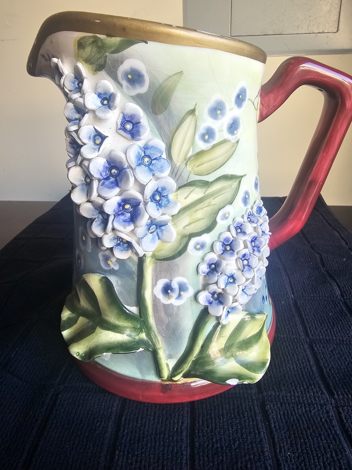 ANTIQUE MAJOLICA PITCHER JUG 3D LILAC CLUSTER FLOWER APPLIED HAND PAINTED