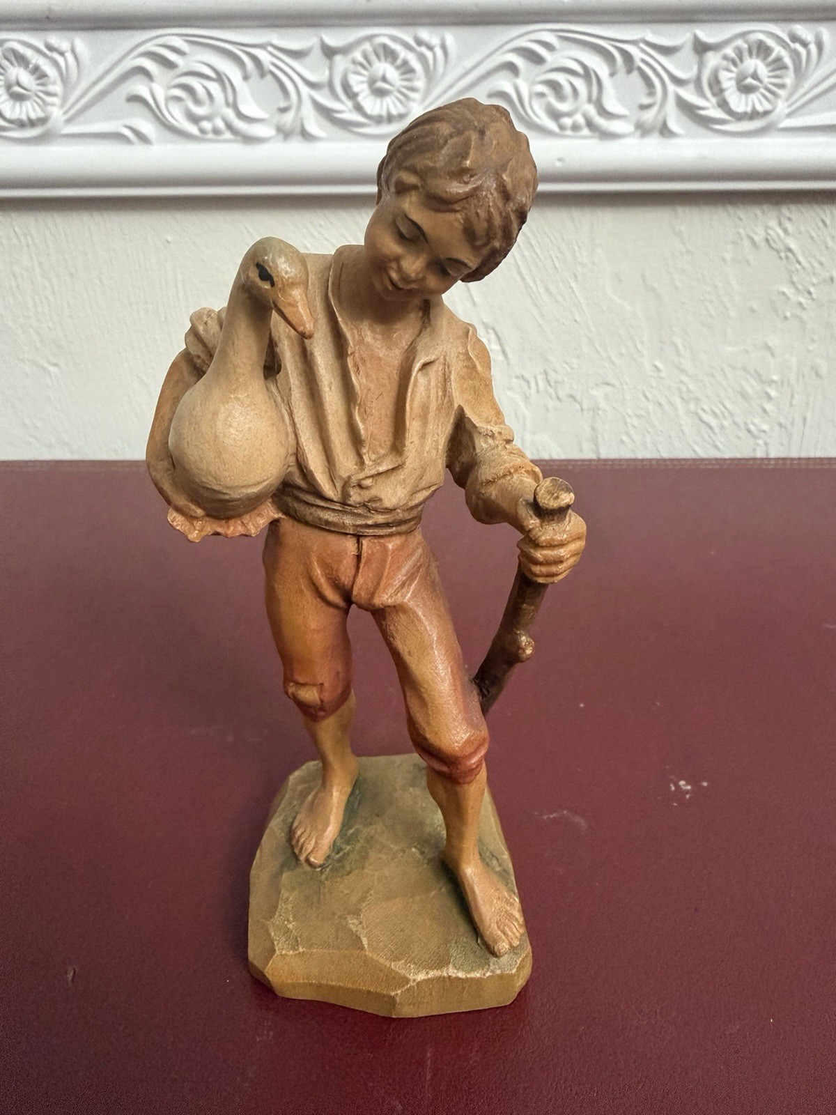 ANRI Ulrich Bernardi To Market Wood Carving Boy with Goose Walking Stick Italy