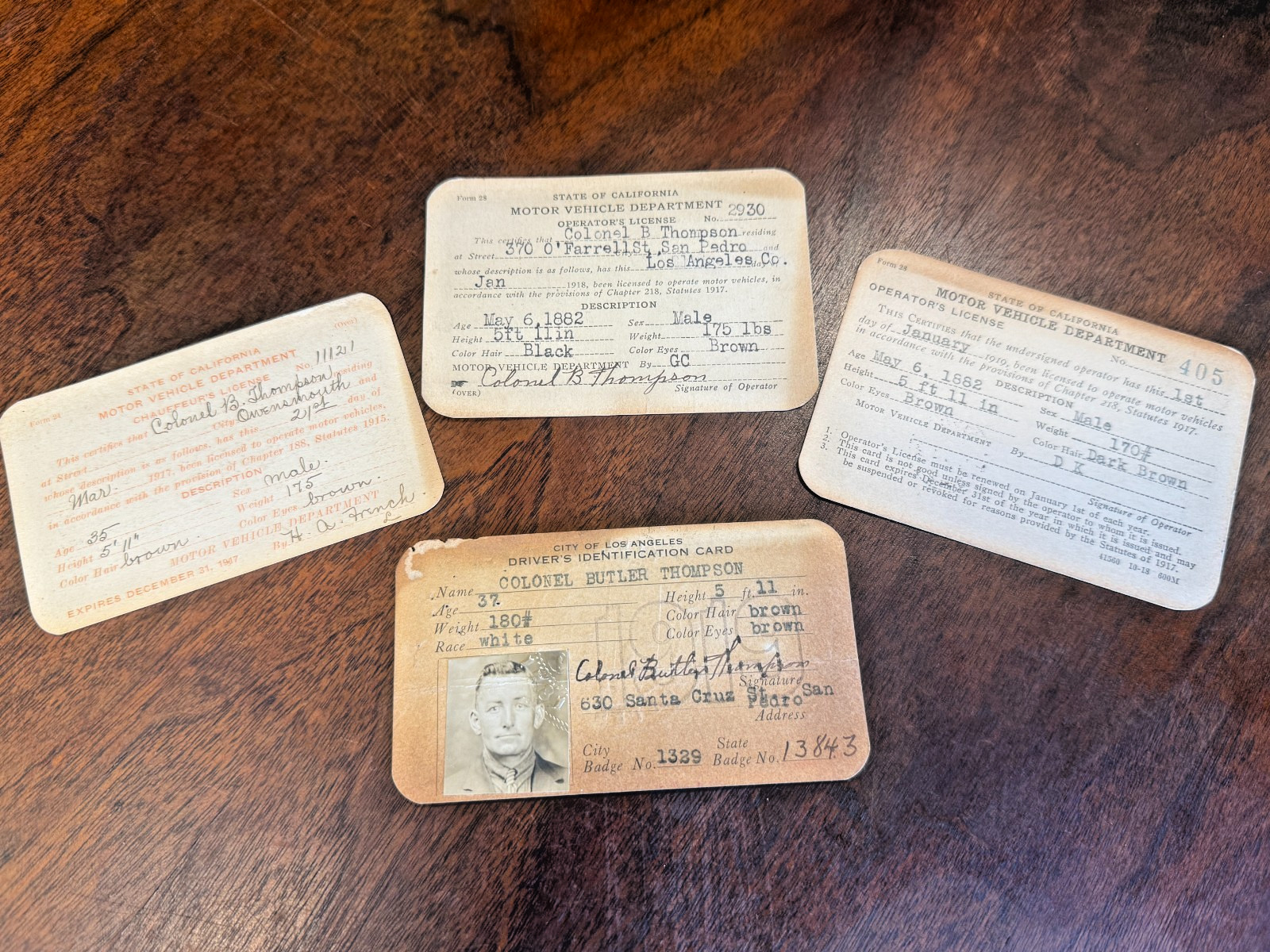 Antique CALIFORNIA DRIVER\'S LICENSE SET 1917, 1918 & 1919 + LOS ANGELES PHOTO ID