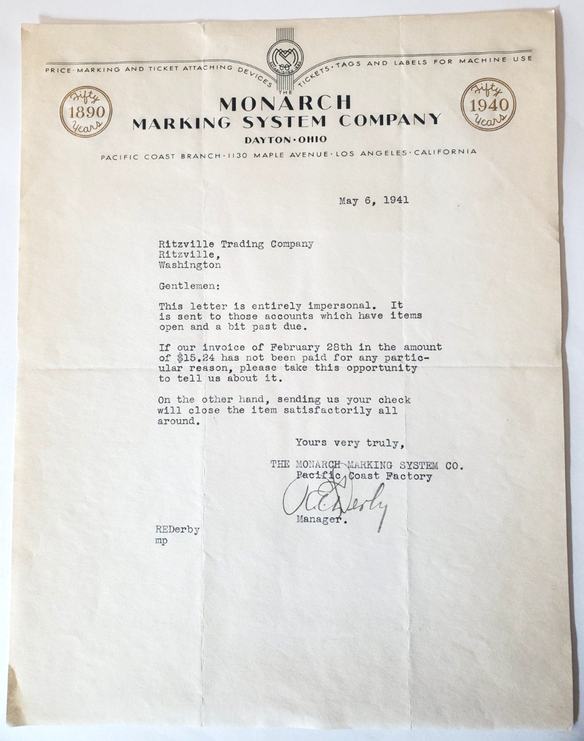 1941 Letter, Monarch Marking System Company, Dayton OH, Hitzville WA Trading Co