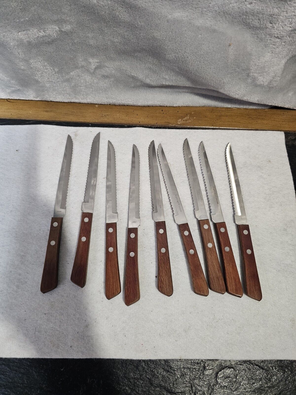 Vintage Forgecraft Japan Steak Knife Set of 9 Serrated Stainless Steel Wood