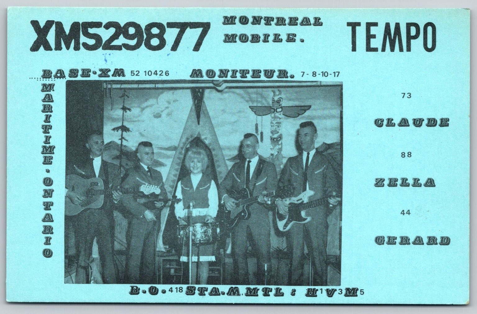 Montreal Mobile Tempo Band Promo Card XM529877 H1V3M5 Quebec Radio C276