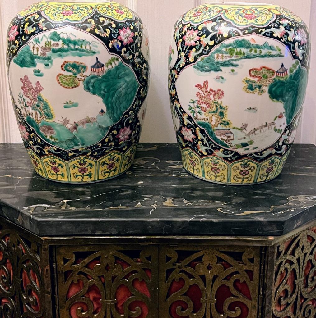 Old Asian Chinese Porcelain Pottery Pair of Two Urn Famille Rose Noir Enamel Jar