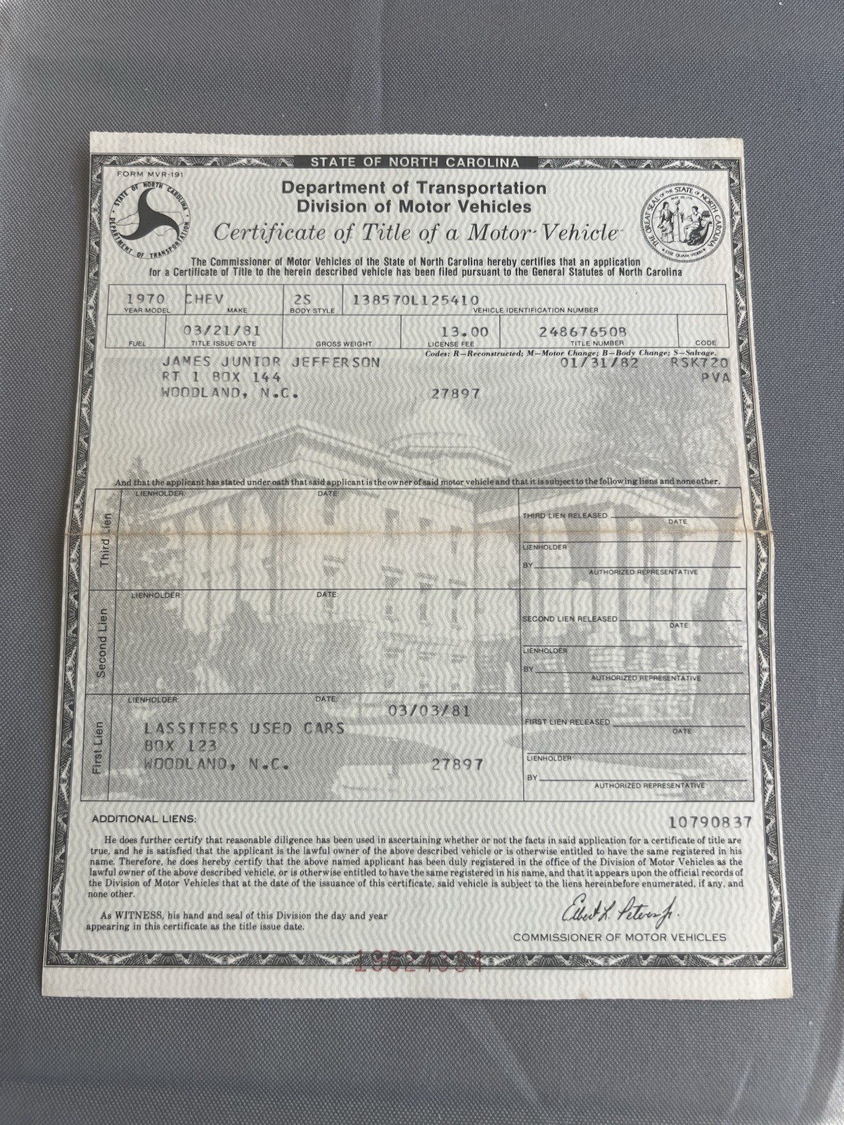 Genuine Original 1970 Chevrolet Monte Carlo 2 Door Coupe NC Car Title 138570