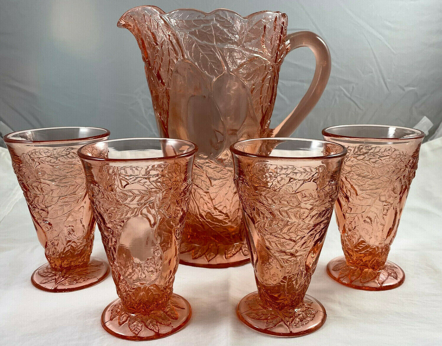 Pink Sweet Pear Pitcher Depression Glass 9.5 in W/ 4 Footed Tumblers Set Tiara