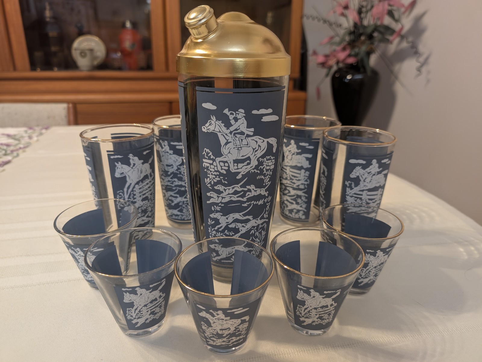 Vintage Hazel Atlas Tally Ho Cocktail Shaker Set with 5 High & 5 Lowball Glasses