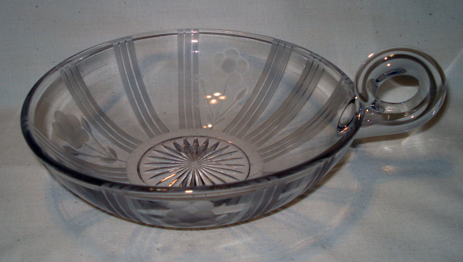Vintage Pressed Clear Glass Etched Floral Stripes Handled Nappy Candy Bowl Dish