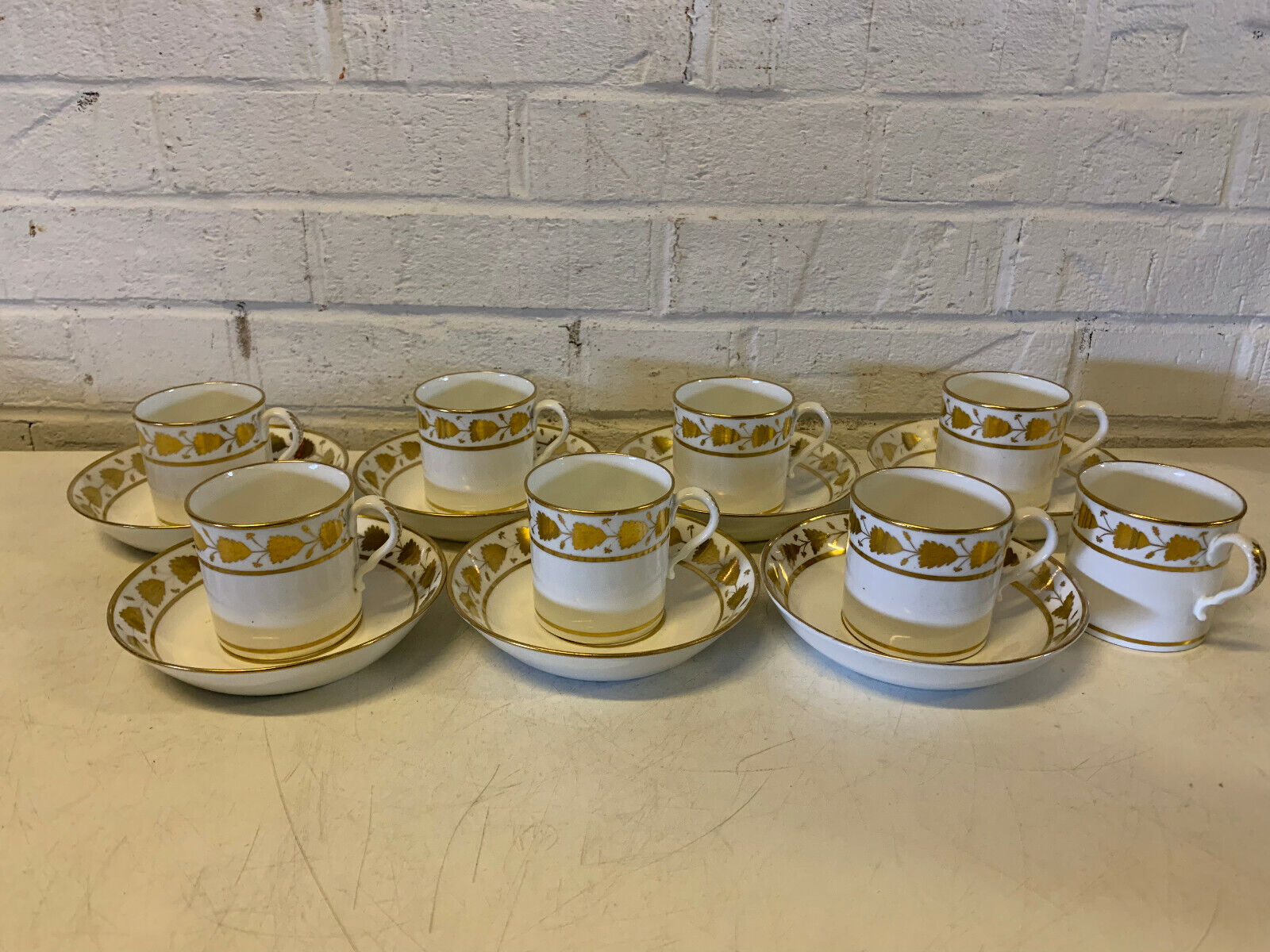 Antique English Likely Worcester Set of 7 Gold & White Porcelain Cups & Saucers