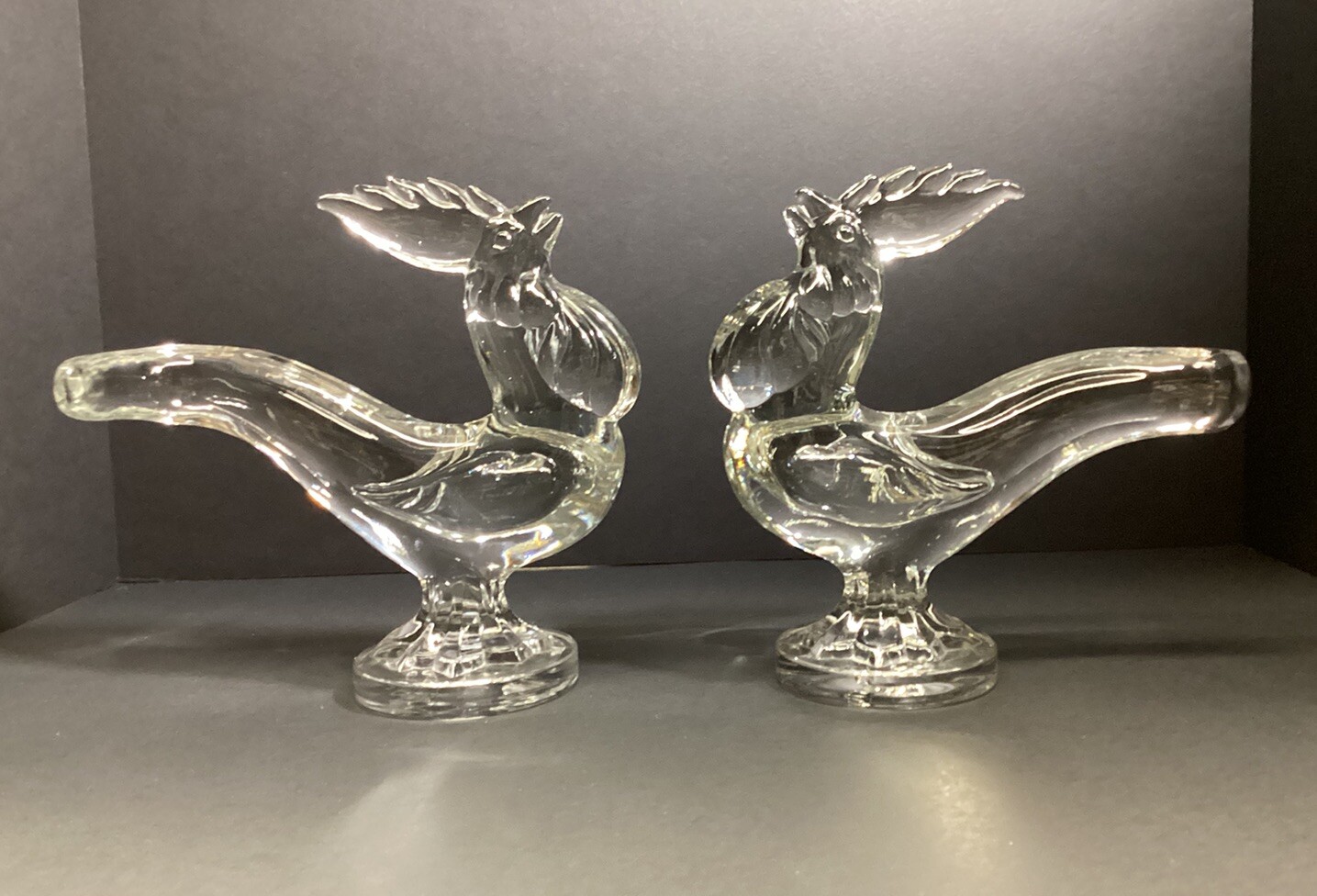 2 VTG by New Martinsville #668 clear glass Animal roosters bookends figurines