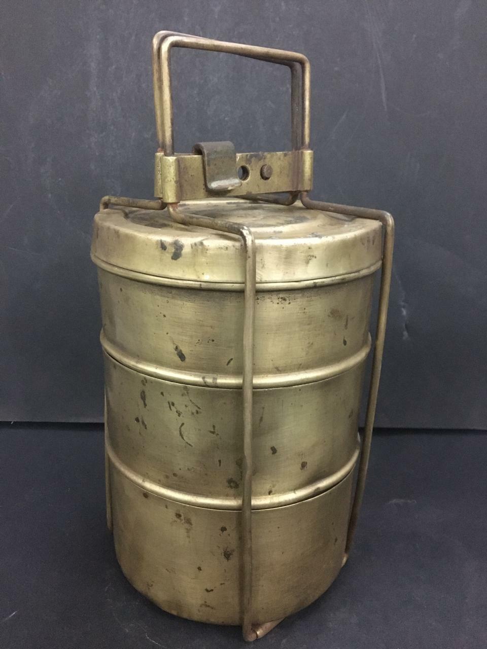 VINTAGE OLD HANDCRAFTED UNIQUE SHAPE 3 COMPARTMENT RARE BRASS TIFFIN, LUNCH BOX