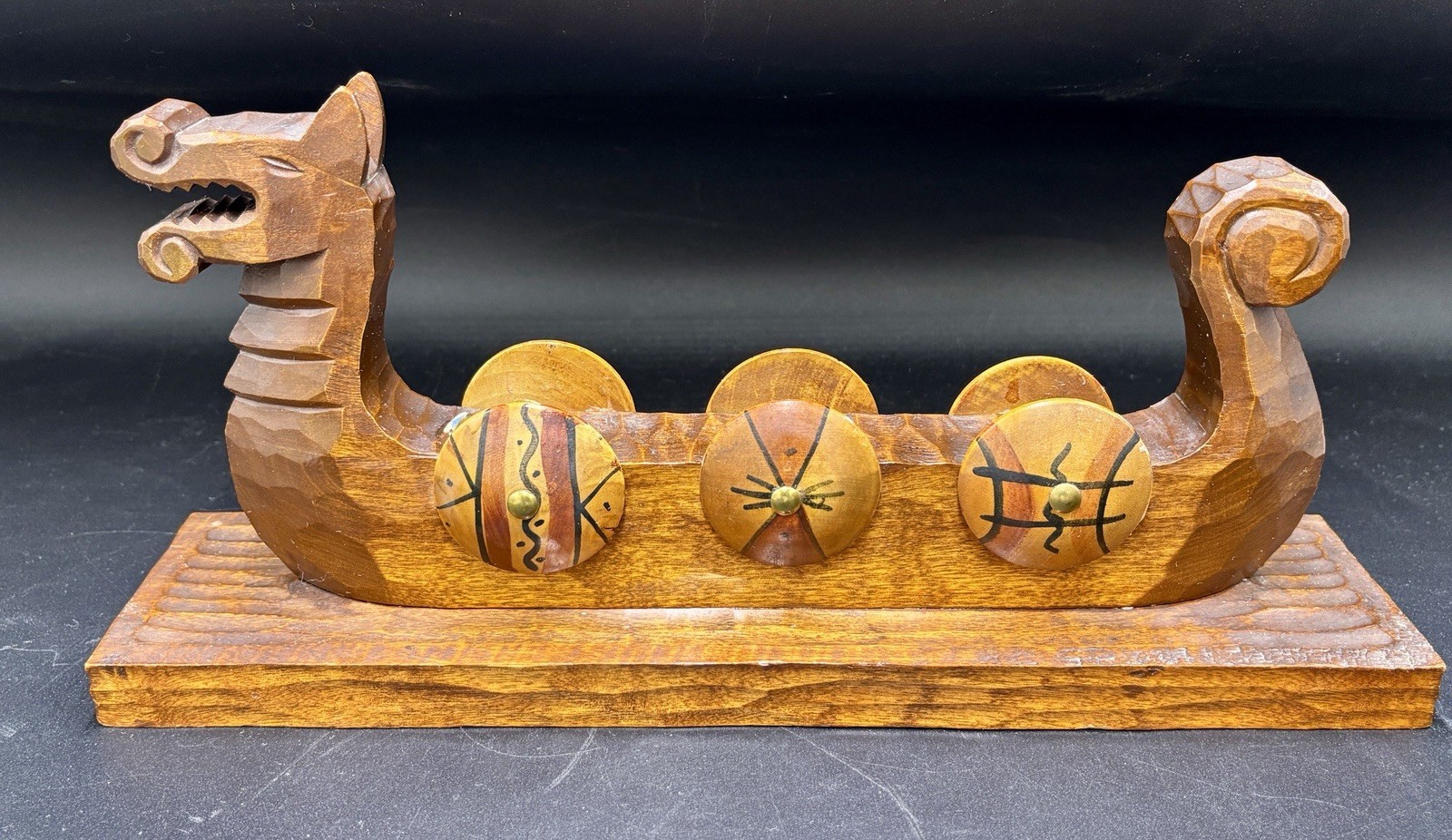 Swedish Marked Ahrneberg Hand Carved Wood Scandinavian Viking Ship Candleholder