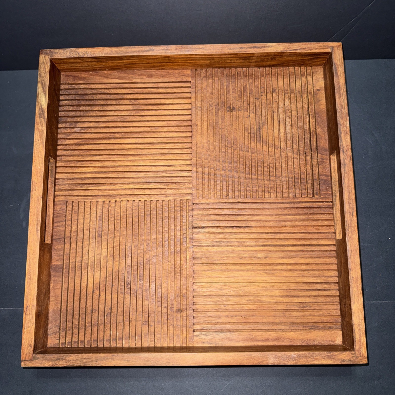 Vtg Crate&Barrel Shesham Wood Small Quadrant Serving Tray 14x14x2 In