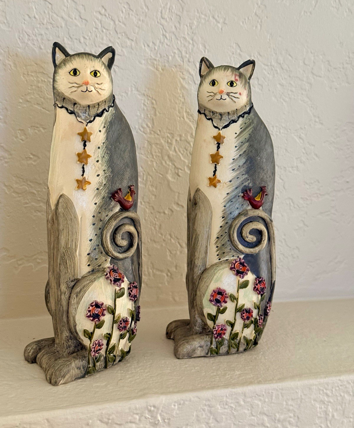 Vintage Eileen Smithson Folk Art Cat Figurines Birds And Floral Accents 9” inch