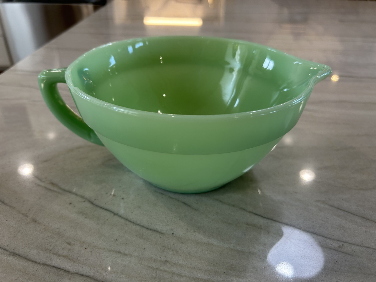 Vtg depression glass-Fire-King Jadeite  Mixing Bowl w/ Handle & Spout chipped