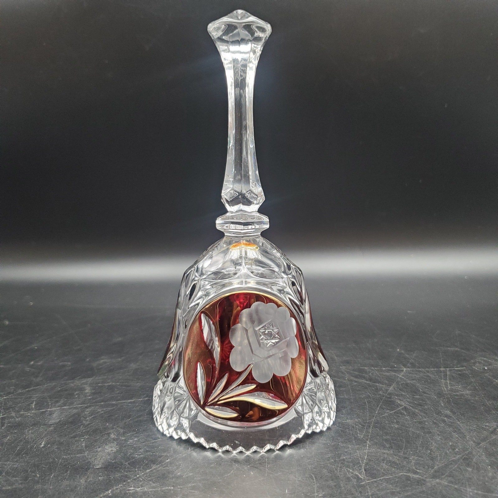 Global Art Lead Crystal Bell Red Cut Glass Floral Etched Germany Vintage