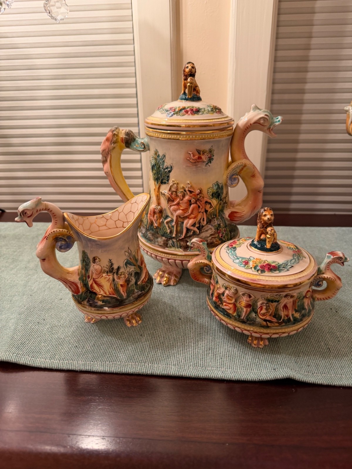 Vintage Capodimonte Mythical Dragon Cherub Tea Set, 3 Piece, (Creamer Damaged)