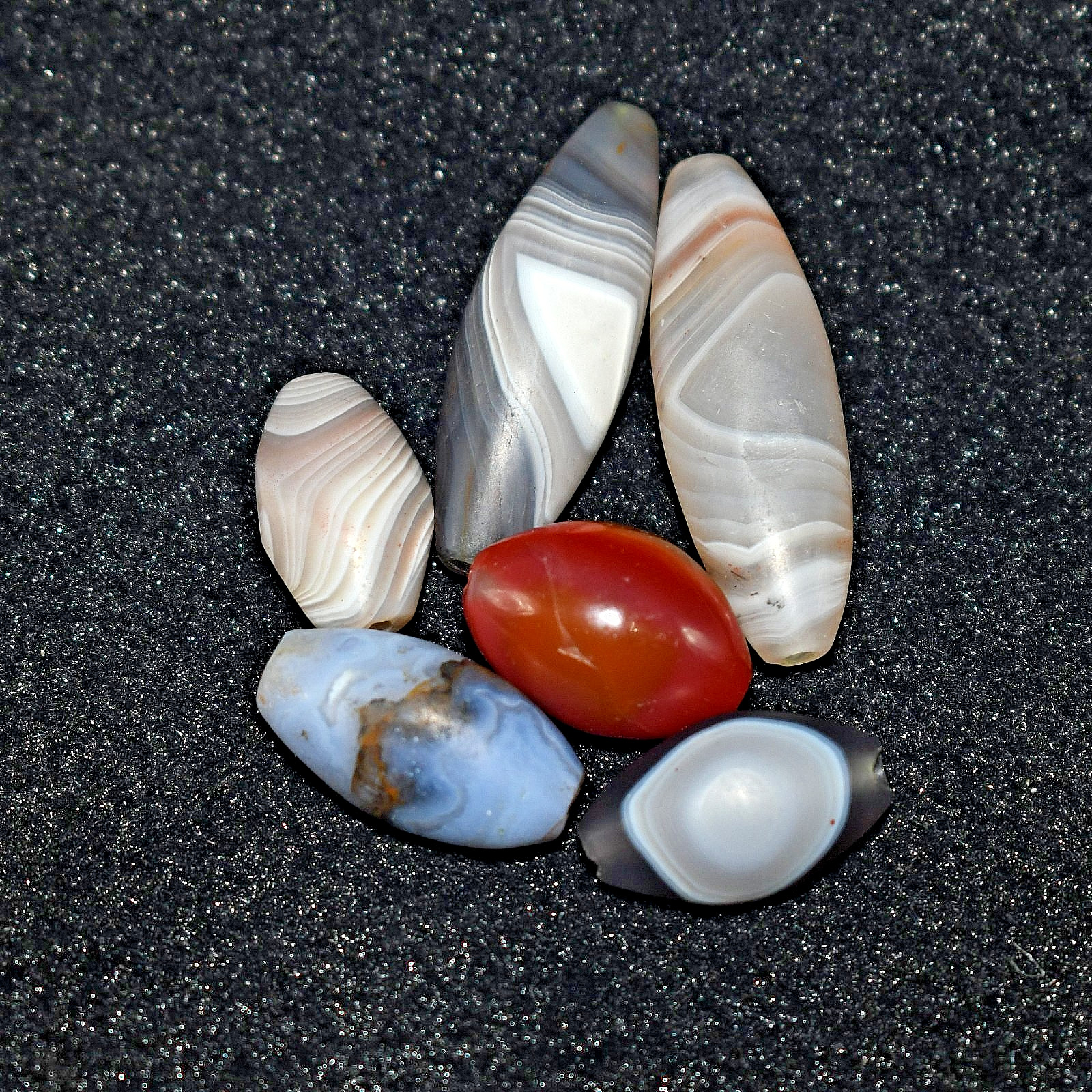 6 Ancient Central Asian & Tibetan Mix Agate Carnelian Stone Dzi Bead Lot
