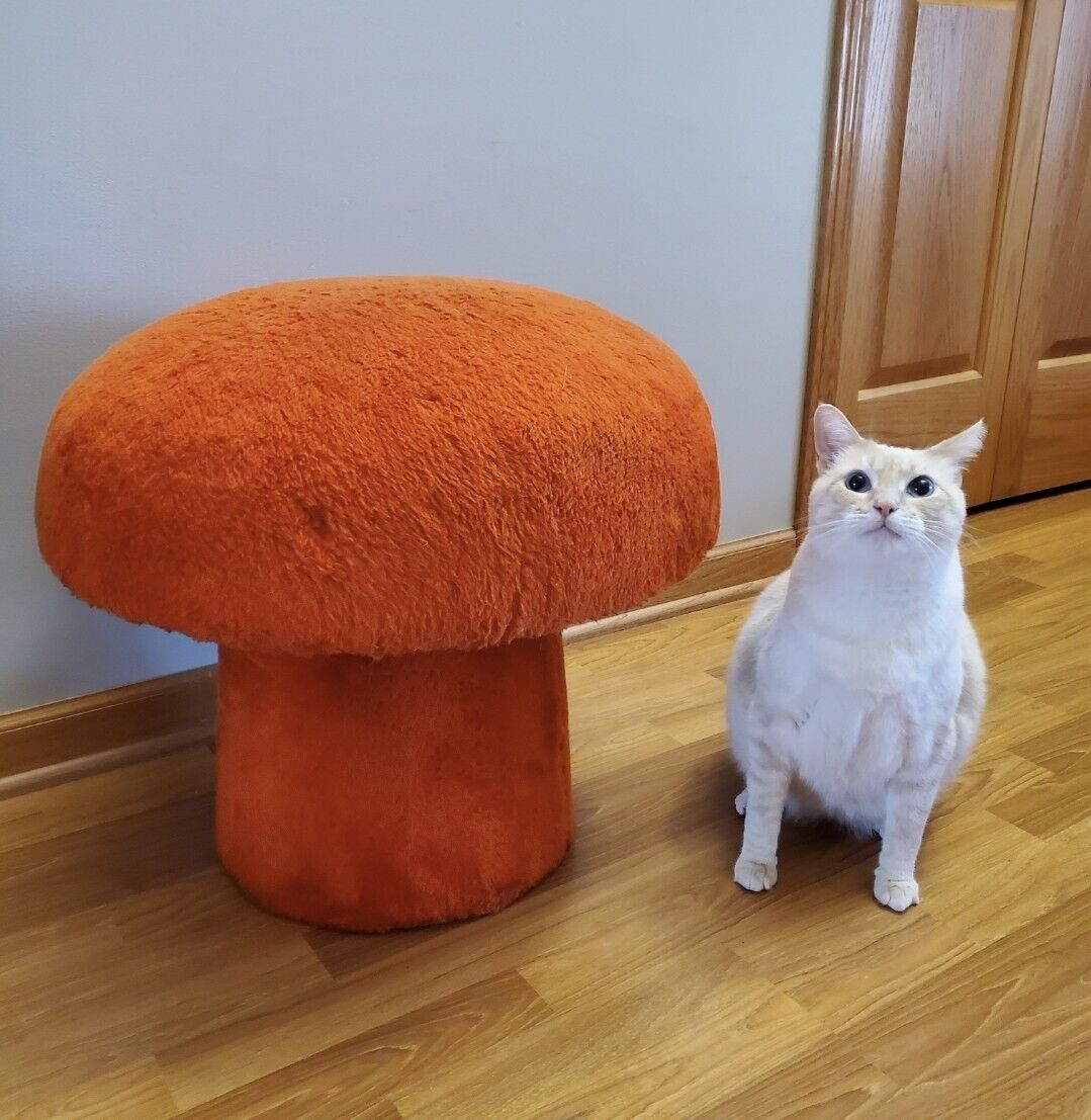 Awesome RARE Mid Century Vtg Retro 70\'s Fuzzy Fur Orange Mushroom Stool LOOK