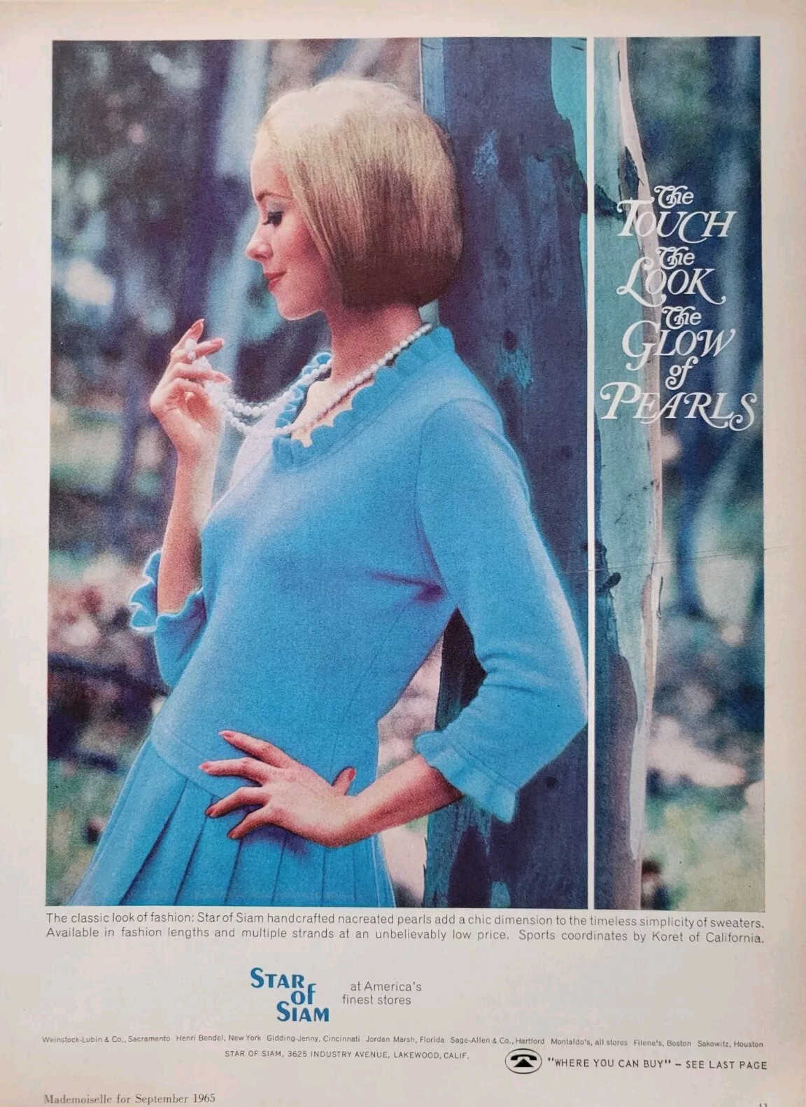 1965 Women\'s Koret of California dress Star of Siam pearl necklace jewelry  ad