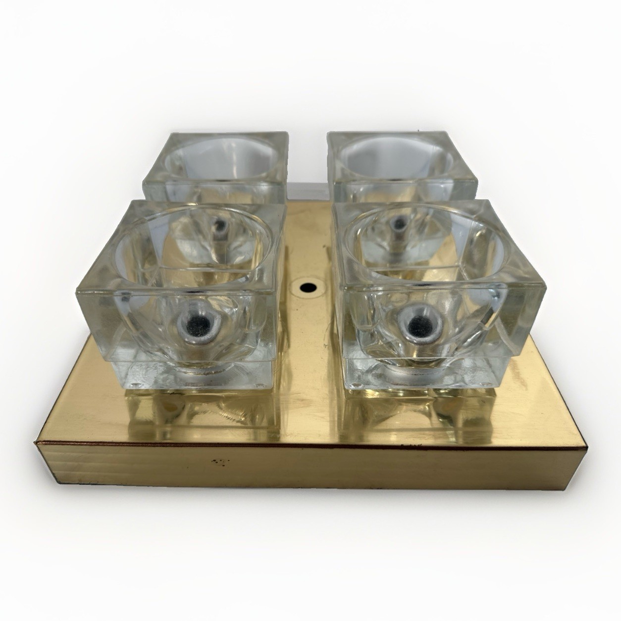 Vtg Gaetano Sciolari Lightolier Ice Cube Glass Flush Mount 4 Light Ceiling Brass