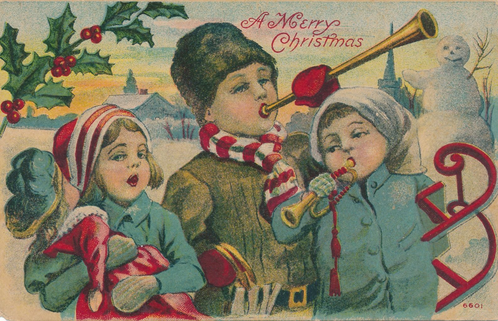 CHRISTMAS - Children Blowing Horns Postcard