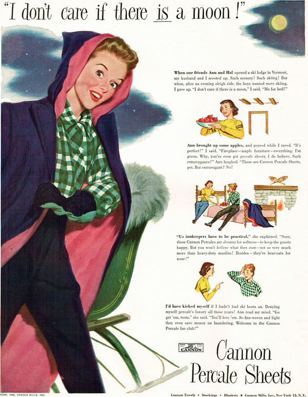 R G Harris Cannon Sheets GGA Ski Lodge in Vermont SLEIGH 1948 Magazine Print Ad