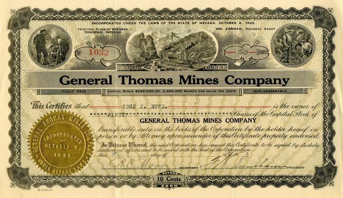 General Thomas Mines Co. - Stock Certificate - Mining Stocks