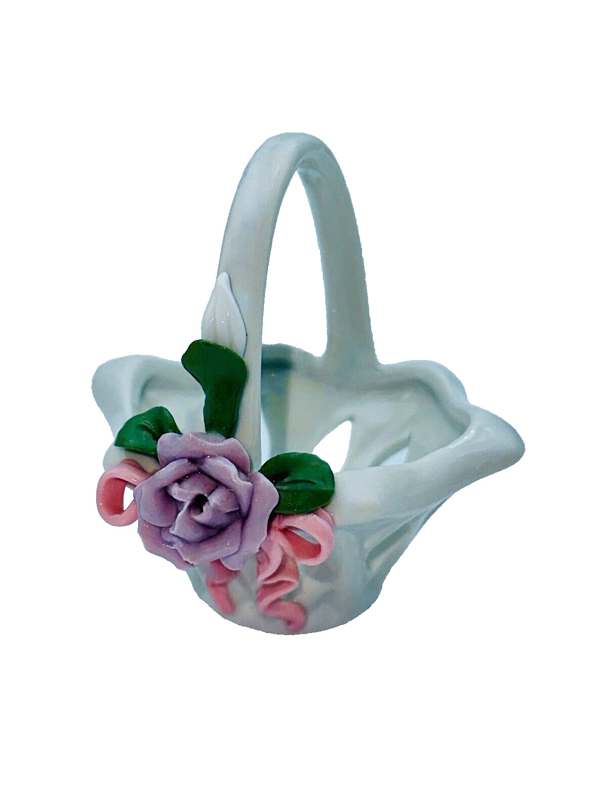 Pretty Little Porcelain Basket With A Lilac Rose & Pink Ribbon - Silvestri