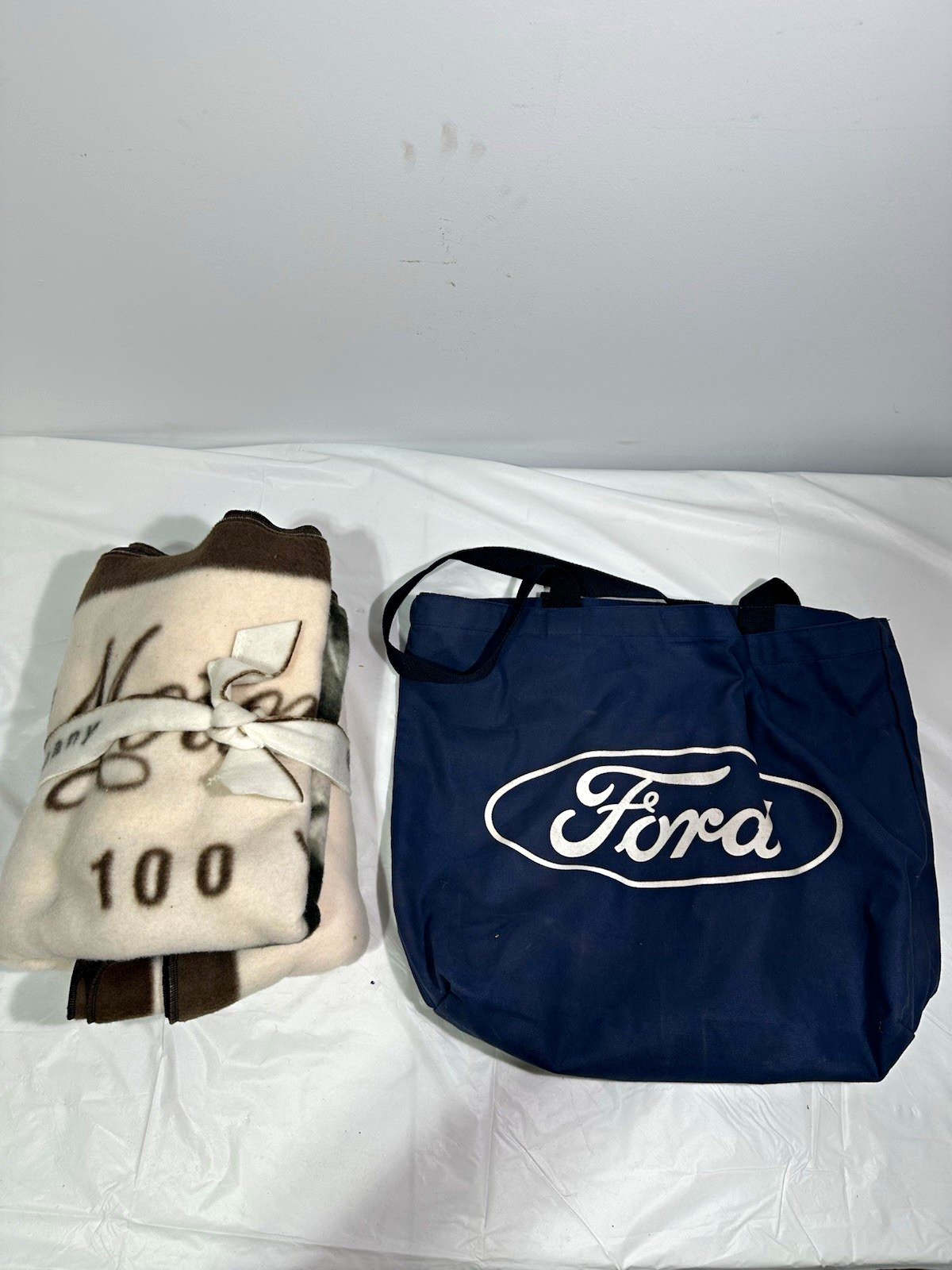 Ford Motor Company 100 Years Promo Tote Bag & Blanket/Throw Set Blue Beige