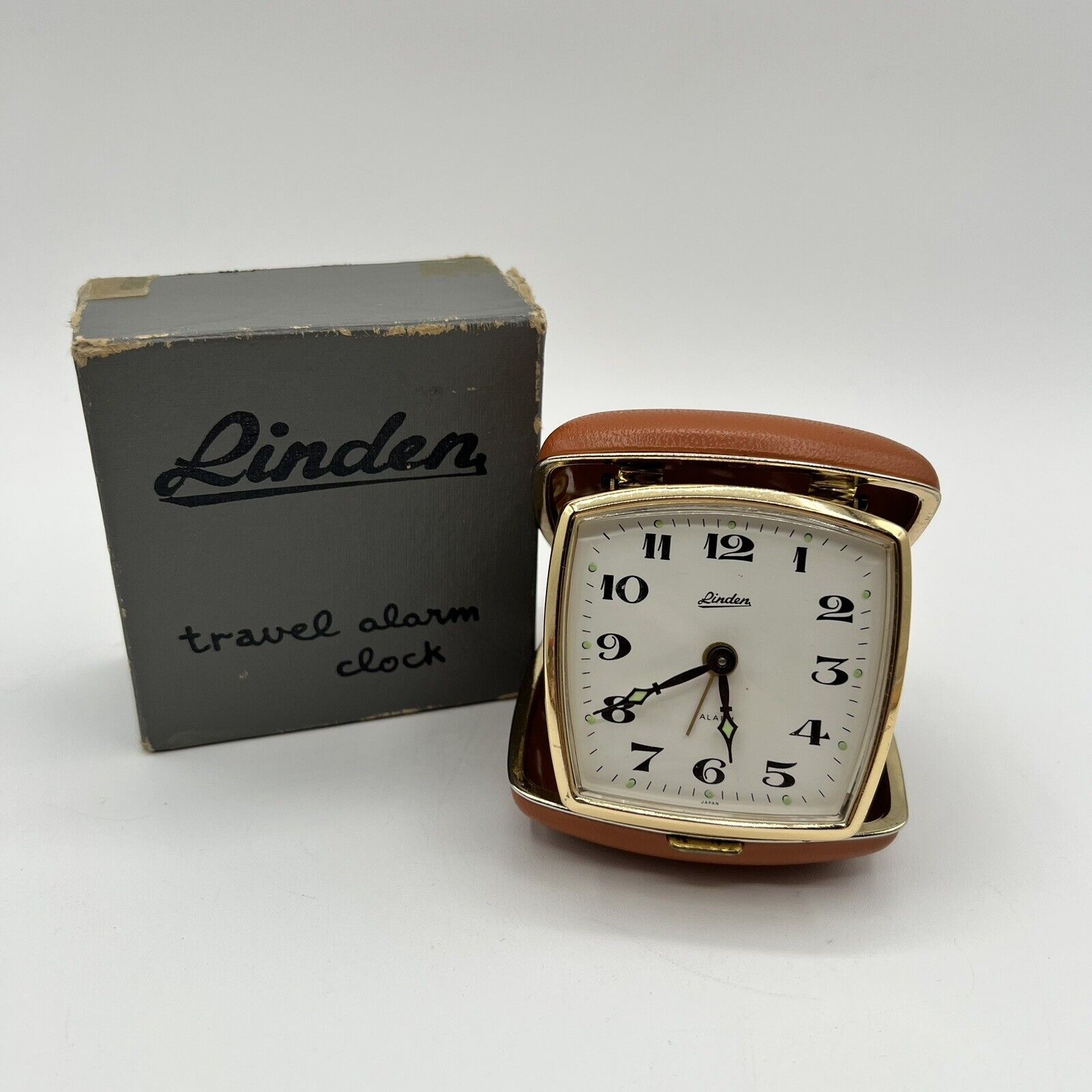 Linden Travel Alarm Clock Square Wind-Up Brown Case Hands Glow Japan No. 496