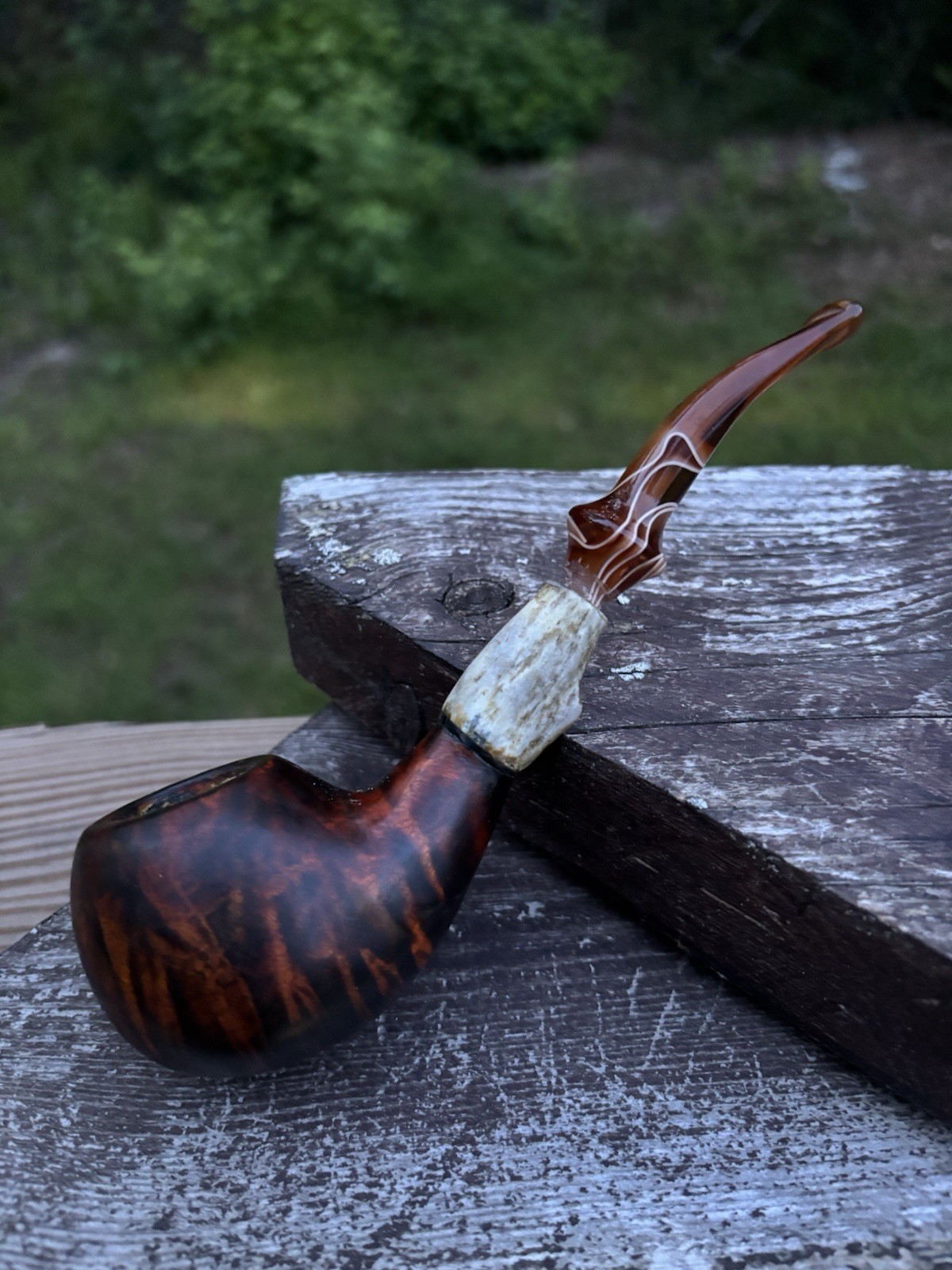 Maple wood Apple shaped tobacco Pipe with antler shank and brown acrylic stem