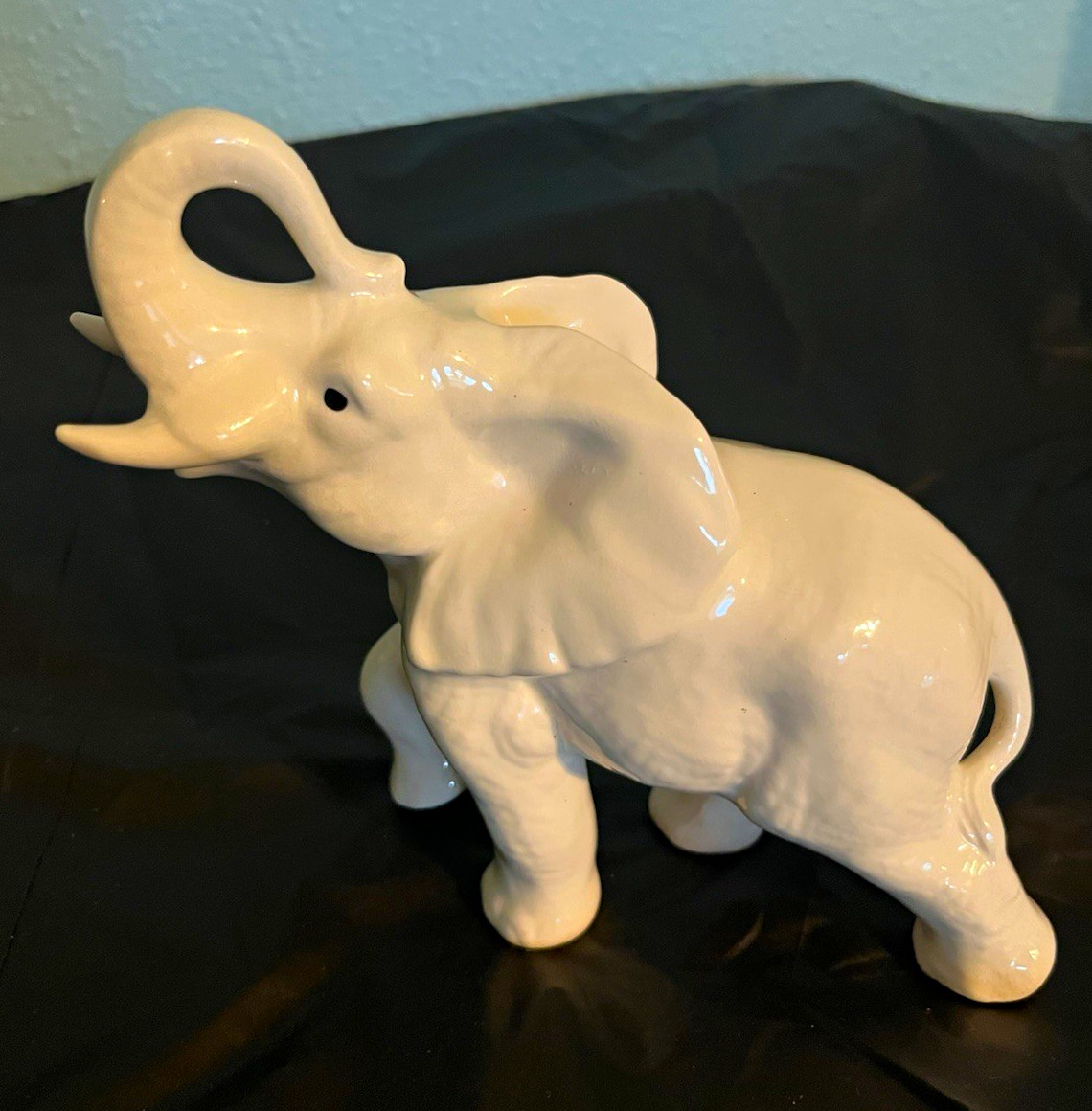 White Glazed Ceramic Elephant Figurine Statue, Raised Trunk 