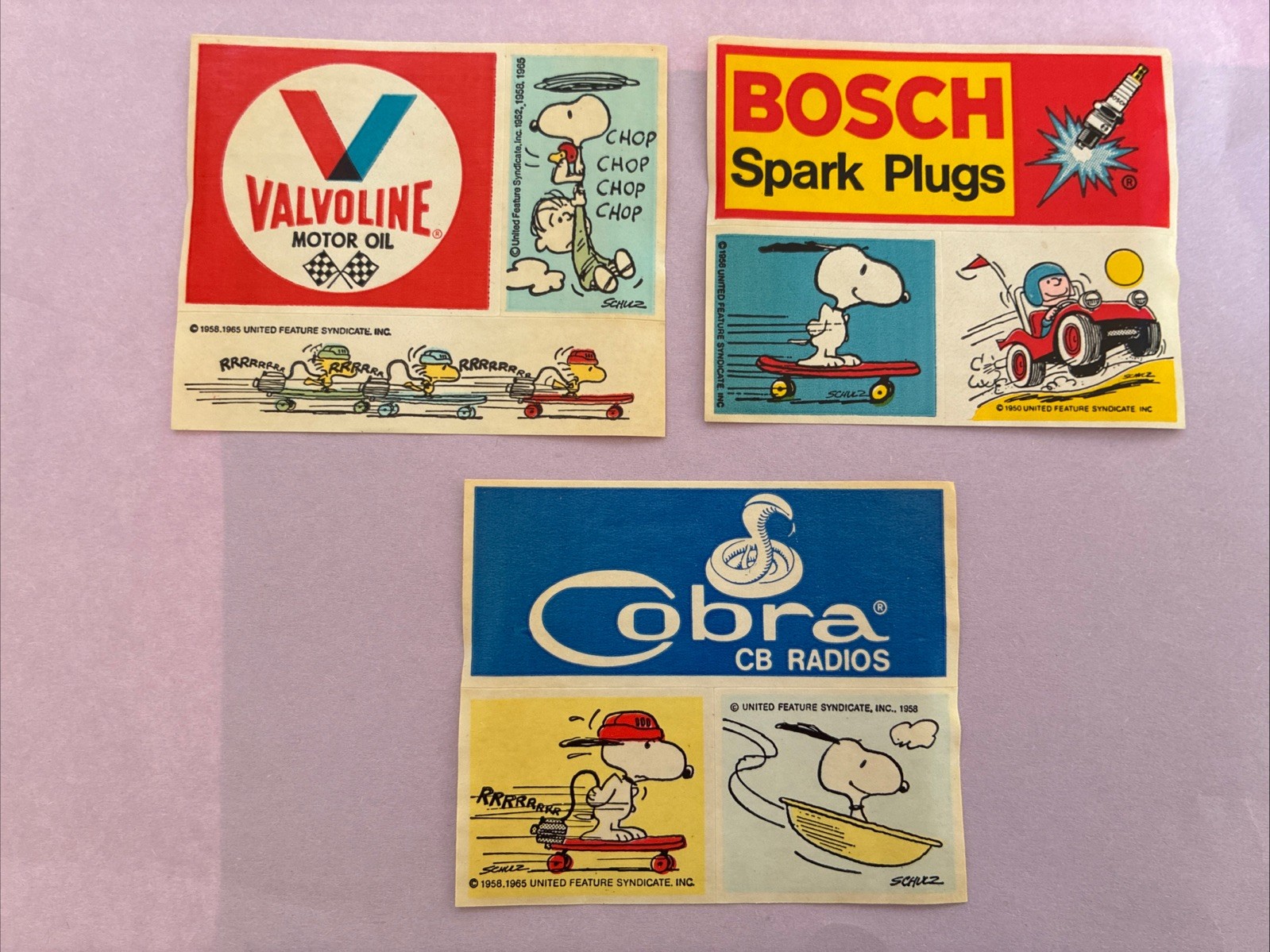 3 Stickers Snoopy Woodstock Dragster 1958 1965 Cobra Bosch Valvoline Motor Oil