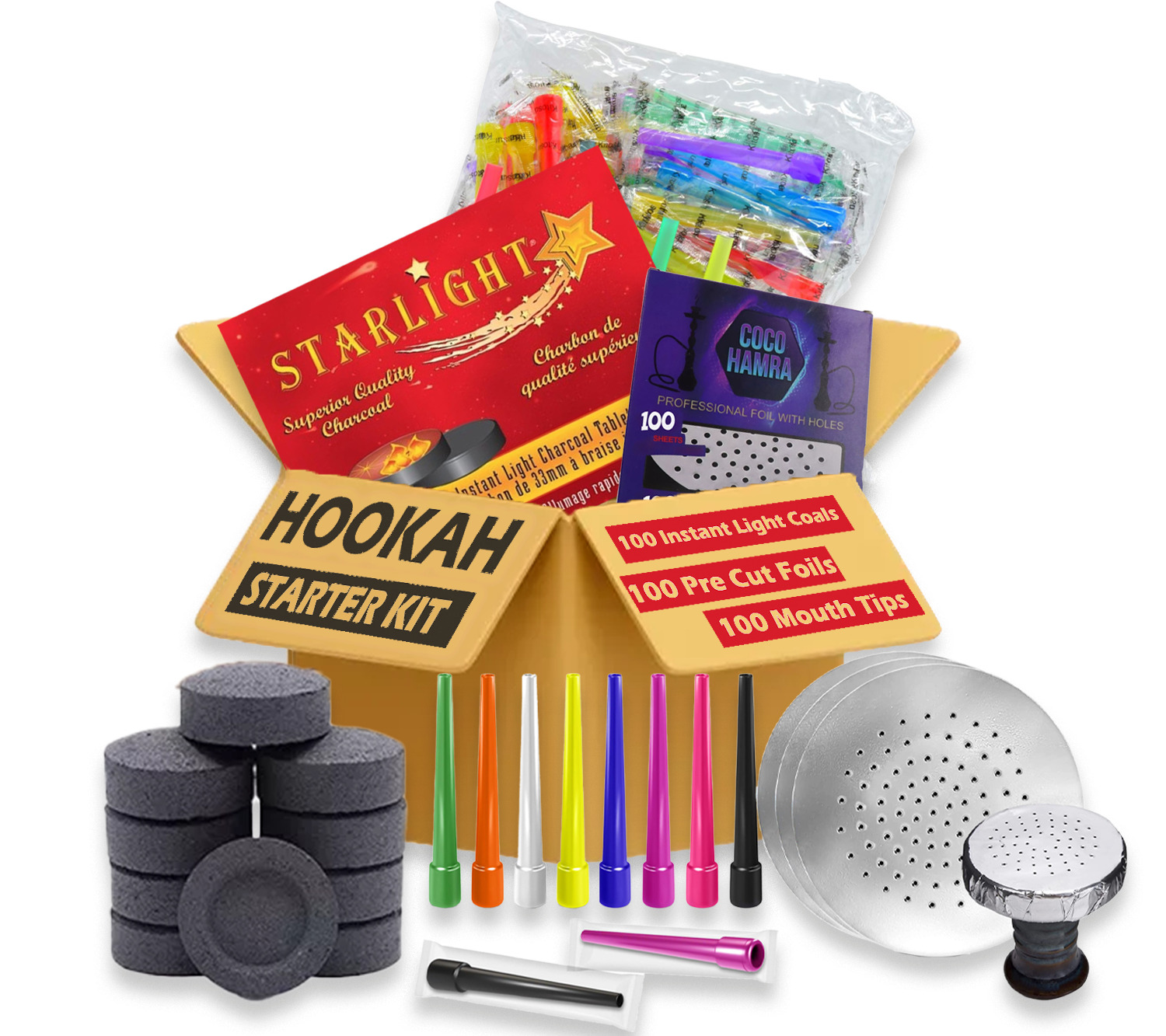 Hookah Accessories Kit: 100ct Starlight 40mm Coals / 100 Foils / 100 Mouth Tips