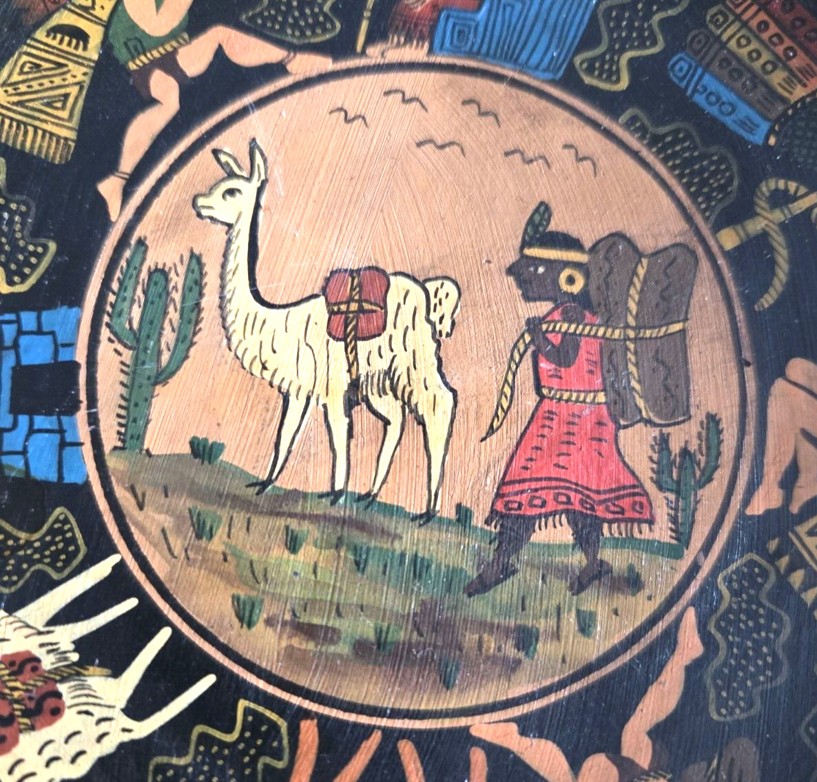 Vintage Pisac Cusco Peru Hand Painted Ceramic Wall Plate Llama Folk Art 7.5\