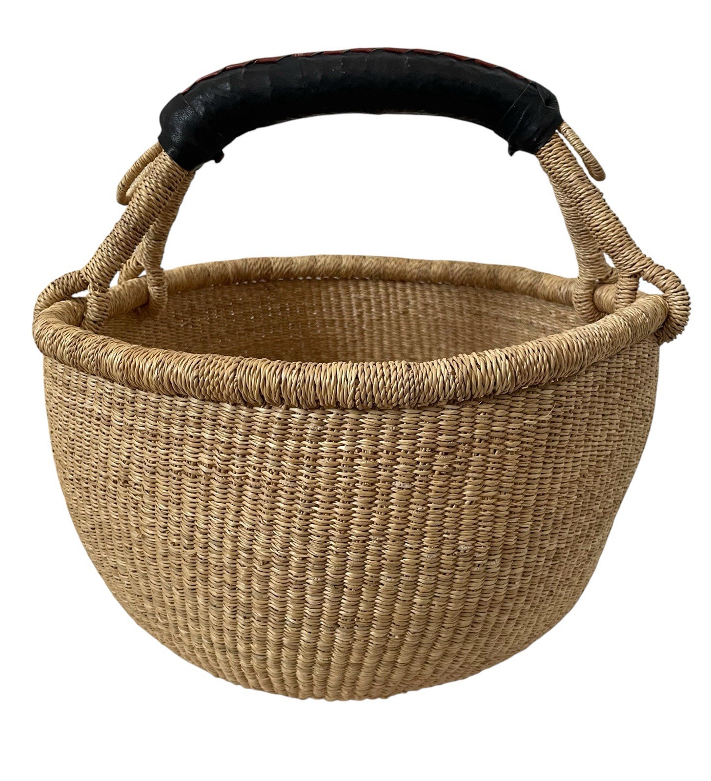 Large Vintage African Ghana Bolga Basket Woven Market Basket Leather Handle Home