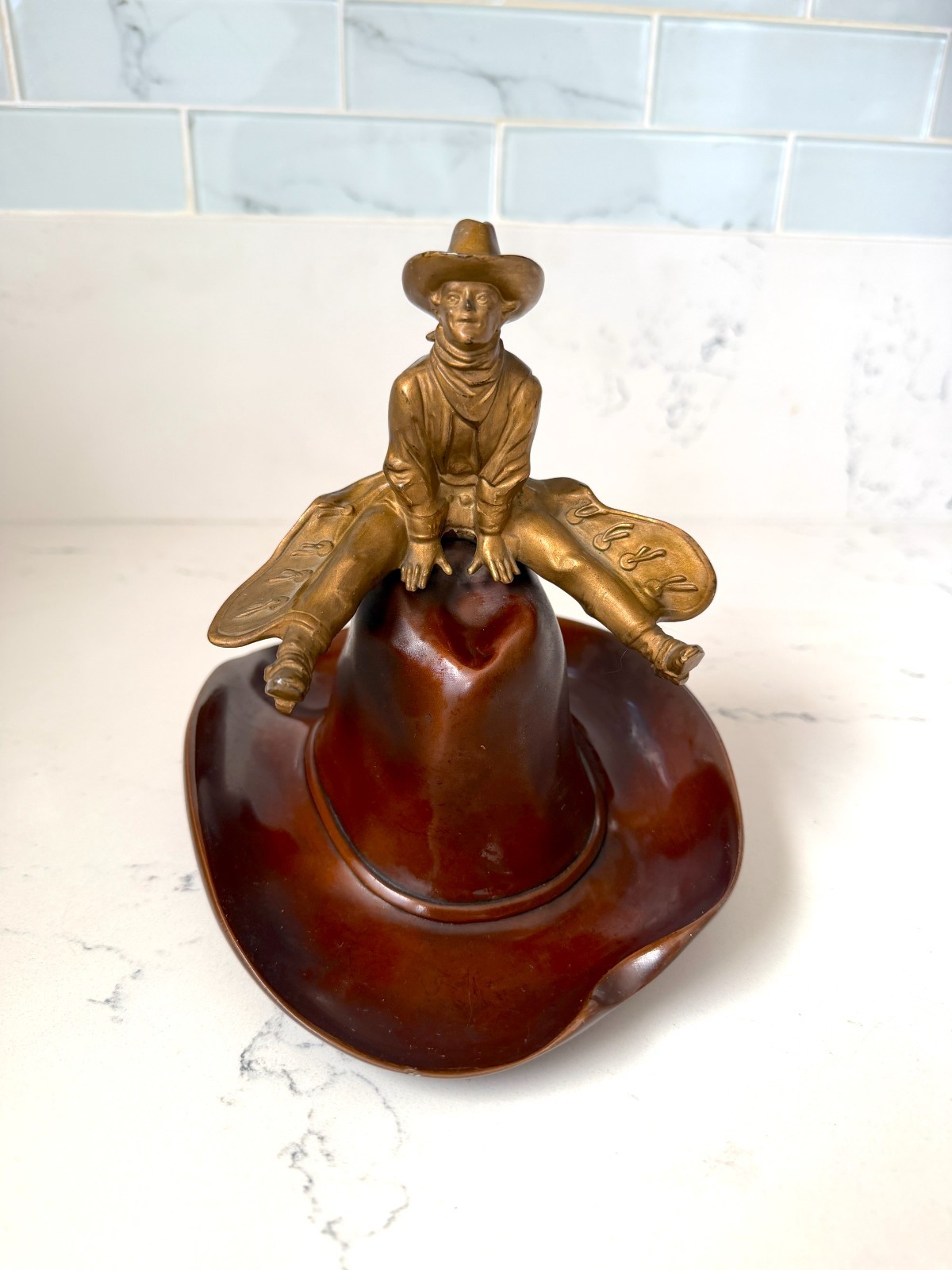 Vintage Cowboy Riding Cowboy Hat Heavy Cast Metal Western Ashtray