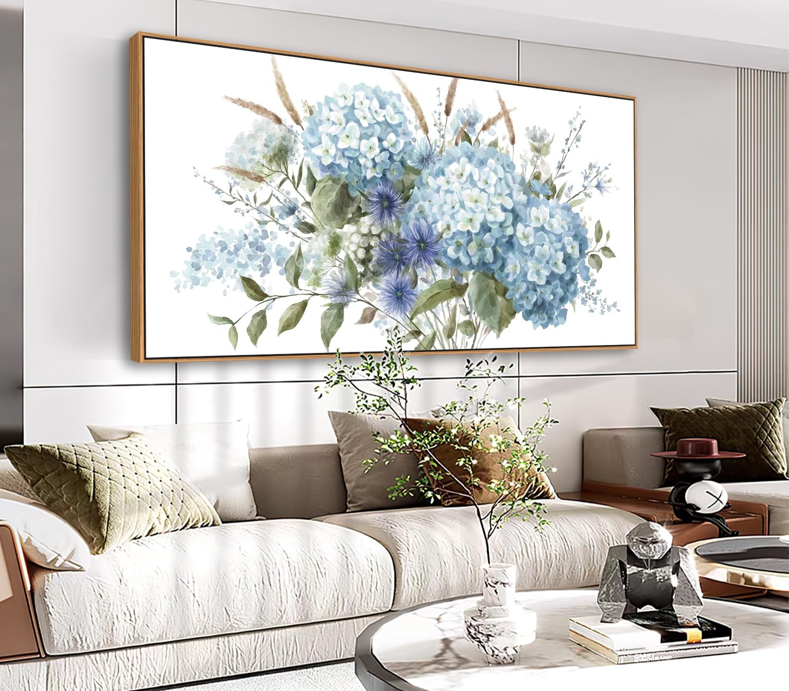 VEAEE Framed Flowers Canvas Wall Art - Blue Floral Canvas Pictures, Living Room