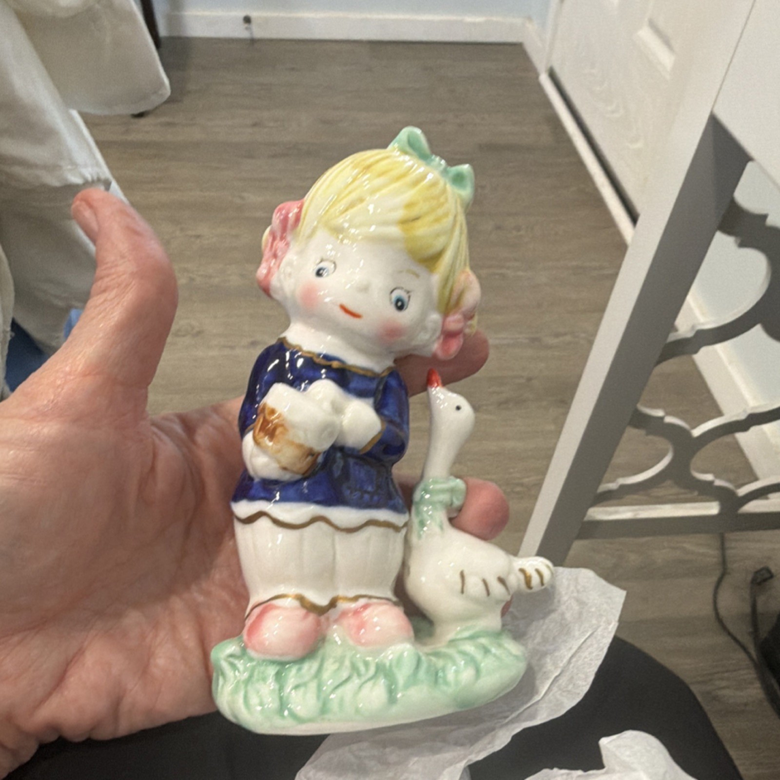 Hand Painted Ceramic Girl Figurine with Goose Glossy Finish Multicolor Small